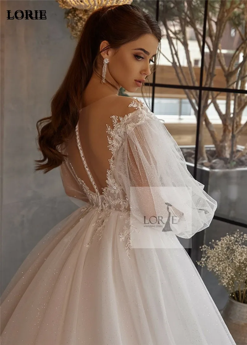 LORIE Shiny Glitter Lace Wedding Dresses Puff Sleeve Appliques off Shoulder Tulle Boho Bride Gown Customized vestidos de novia