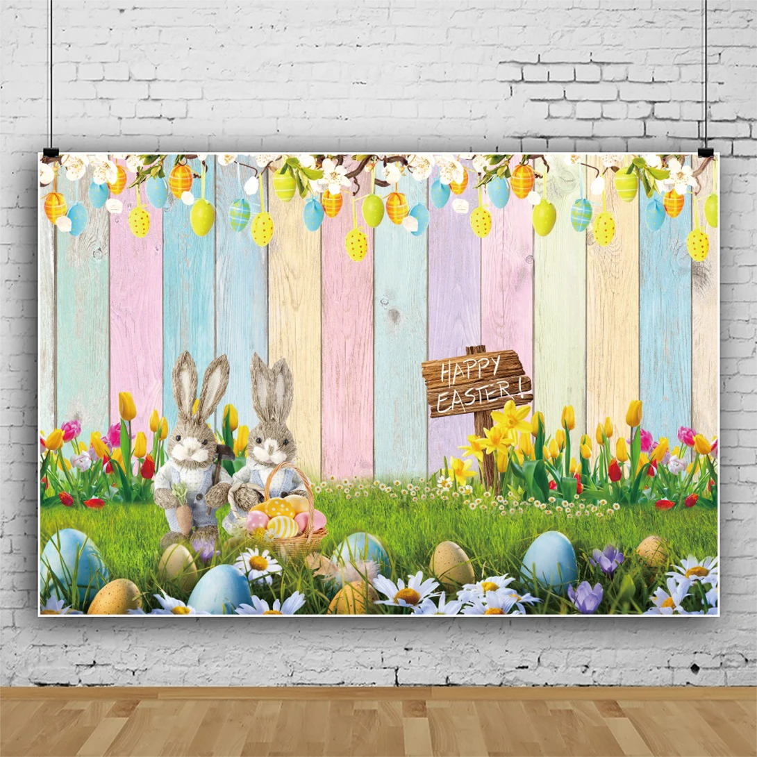 Spring Easter Photography Backdrop Rabbit Eggs Wooden Board Wall Flowers Meadow Background Baby Children Easter Party Banner