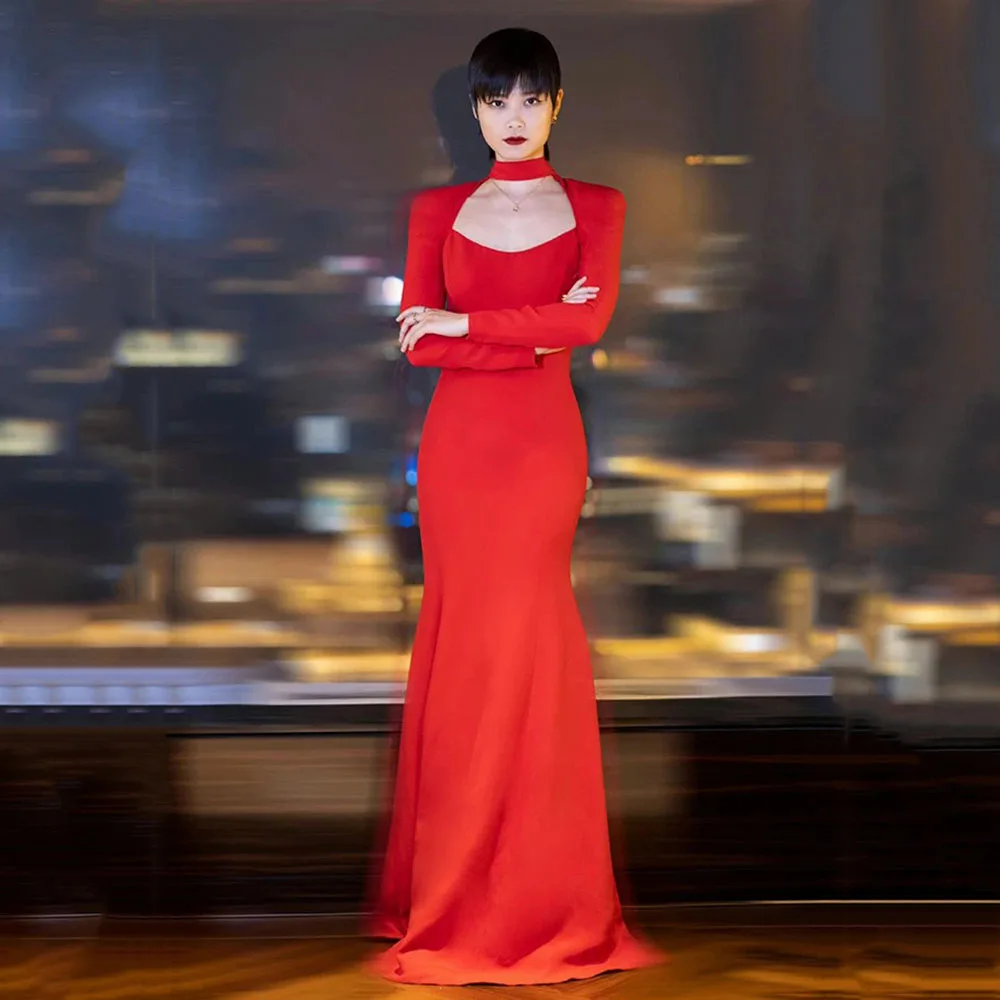 Msikoods Red Elegant Mermaid Evening Dresses Customized Long Sleeve O Neck Prom Dress Gala Party Special Occasiom Gown