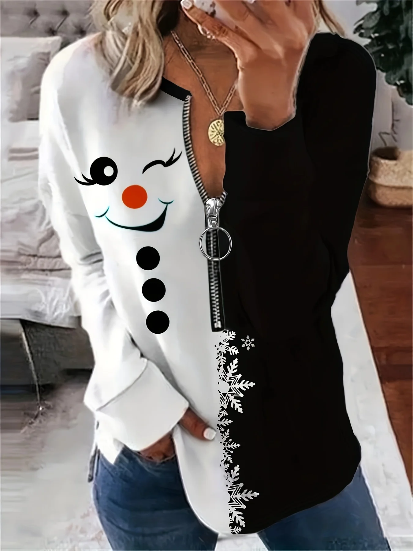 

Большие размеры, женская рождественская толстовка на молнии со снеговиком больших размеров — двухцветный черный и уютный пуловер для праздничных вечеринок