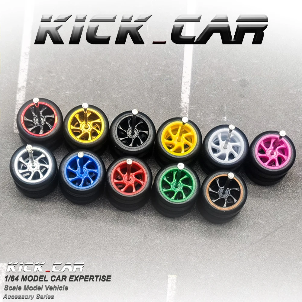 1/64 Wheels with Fixed Rubber Tires Seven Spoke for Toy Model Diecast Cars Refiting Parts for Hotwheels (5 sets for 5 Cars)