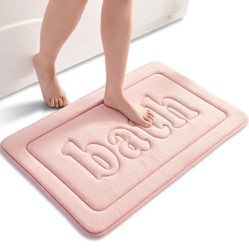 Inyahome Memory Foam Pink Cute Bath Mat for Kids Bathroom Non Slip Floor Rugs Quick Dry Kitchen Rug Coral Velvet Carpets Decor