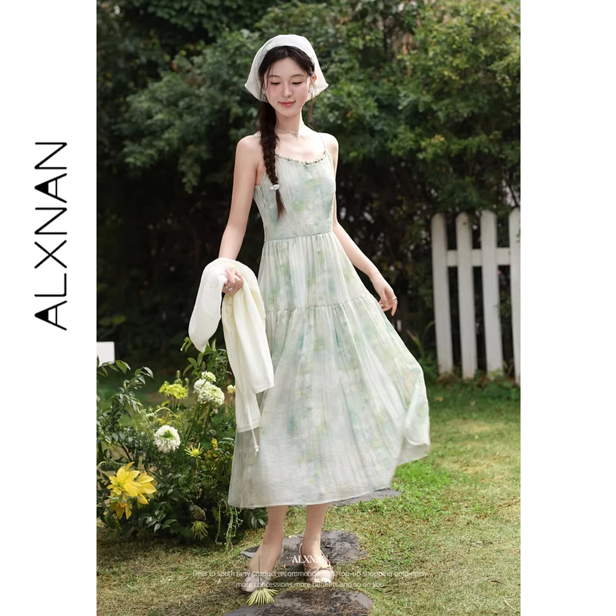 

ALXNAN Women's Summer Sundress Light Green Print Beaded Neckline Slip Maxi Dress 2026 Holiday Beach Long Dresses Female L62002