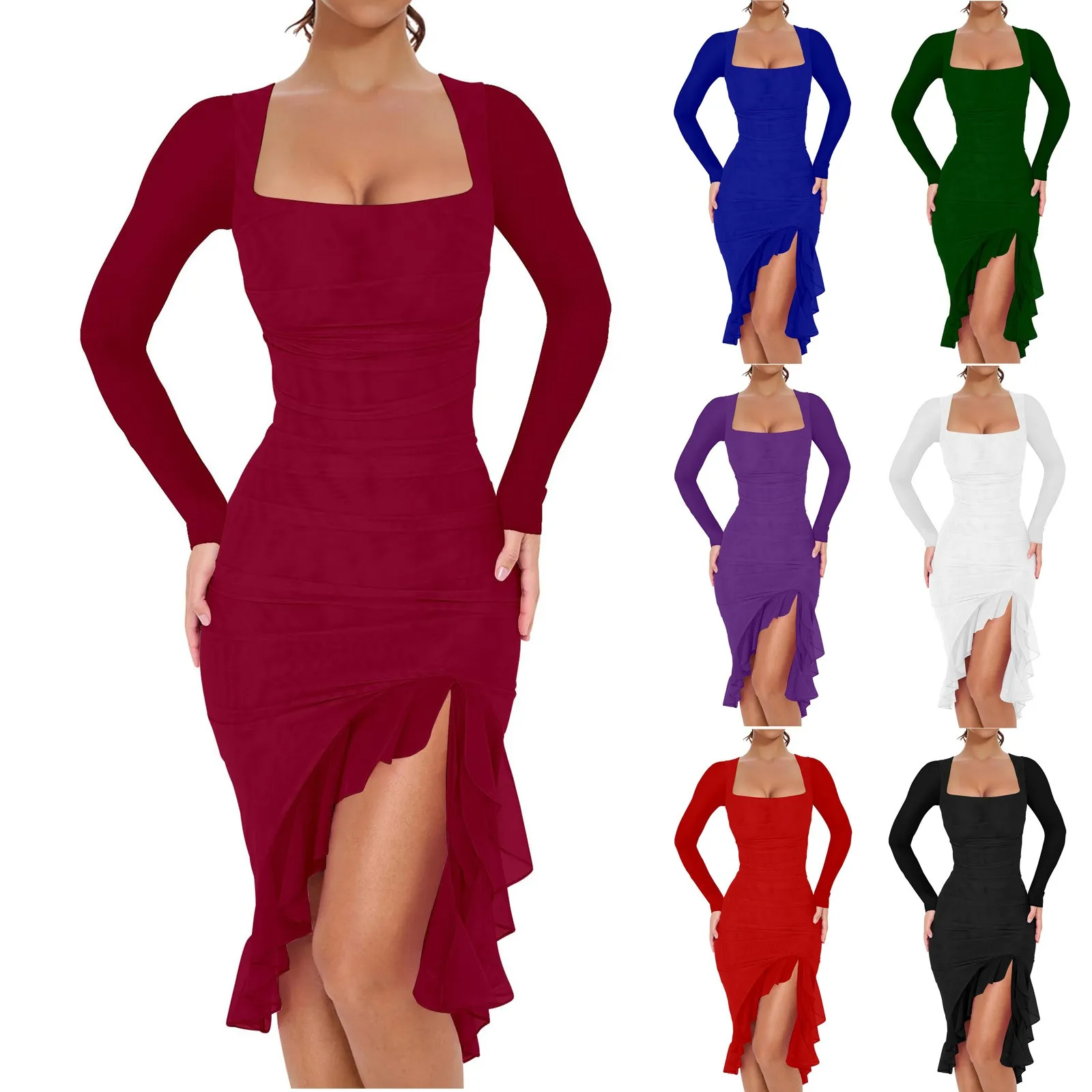 Mulheres sexy gola quadrada oco vestido de noite primavera cruz rendas sem costas dividir vestido longo outono manga longa magro bodycon vestido