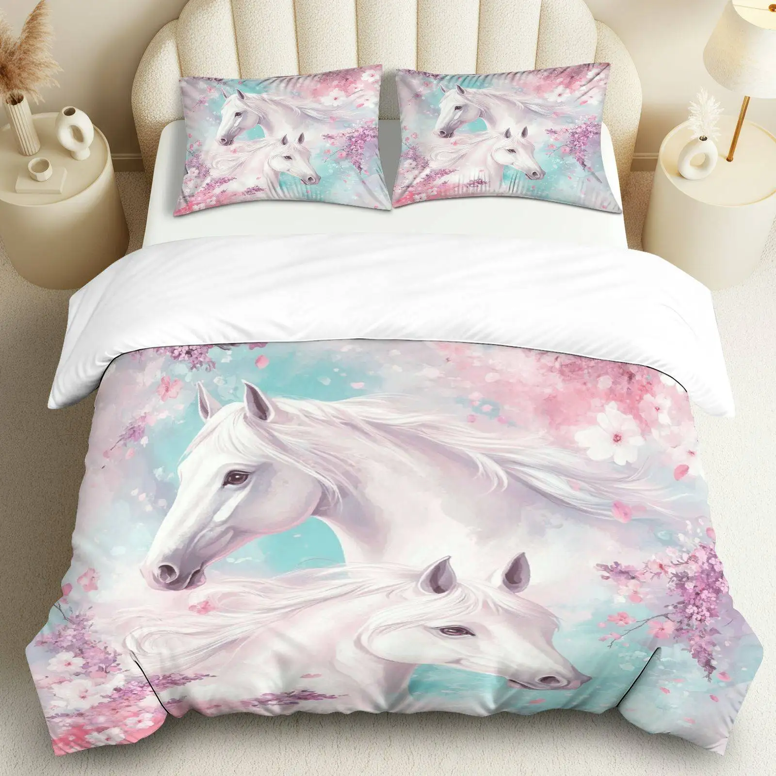 

3PCS Duvet Cover, 1 Duvet+2 Pillowcases(Without filler), White Horse Floral Pattern Suitable for Decoration Bedroom, Room.