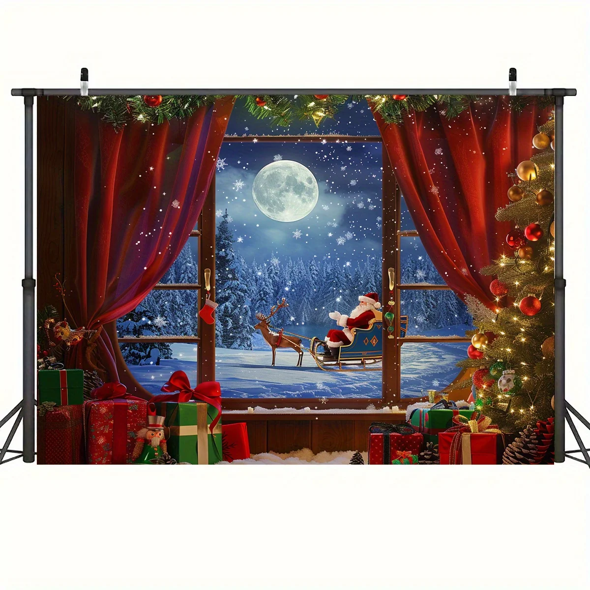 Christmas Wonderland Window Background Cloth - Santa Claus, Snowflakes, and Moon - Perfect for holiday parties and home decor