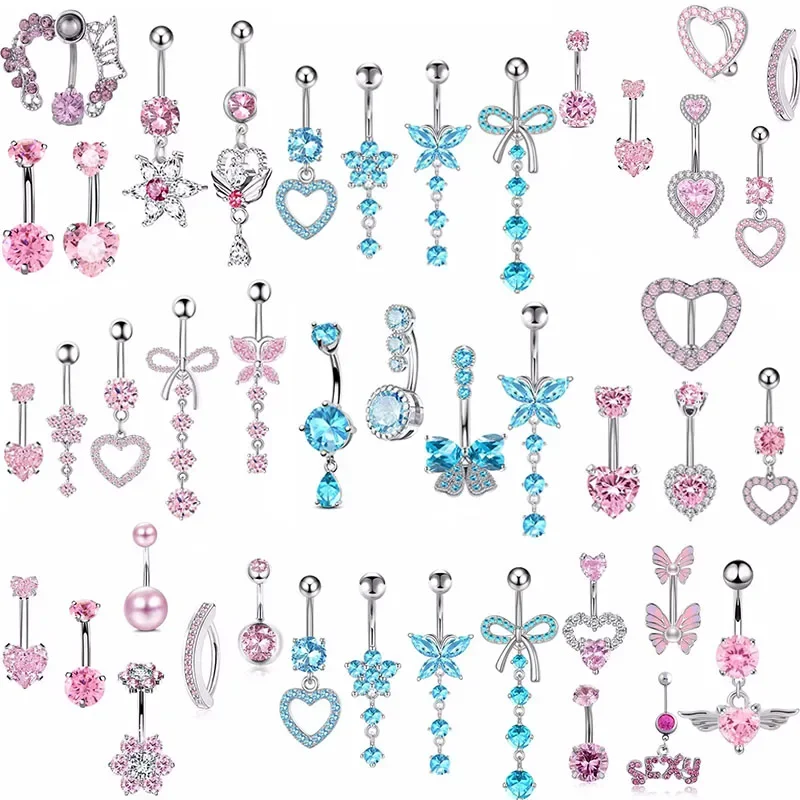 Pink Flower Belly Button Rings Set Women Blue Crystal Belly Piercing Bulk Heart Navel Barbell Jewelry Pack Piercing Ombligo Lote