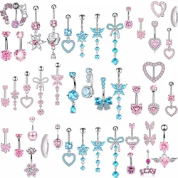Pink Flower Belly Button Rings Set Women Blue Crystal Belly Piercing Bulk Heart Navel Barbell Jewelry Pack Piercing Ombligo Lote