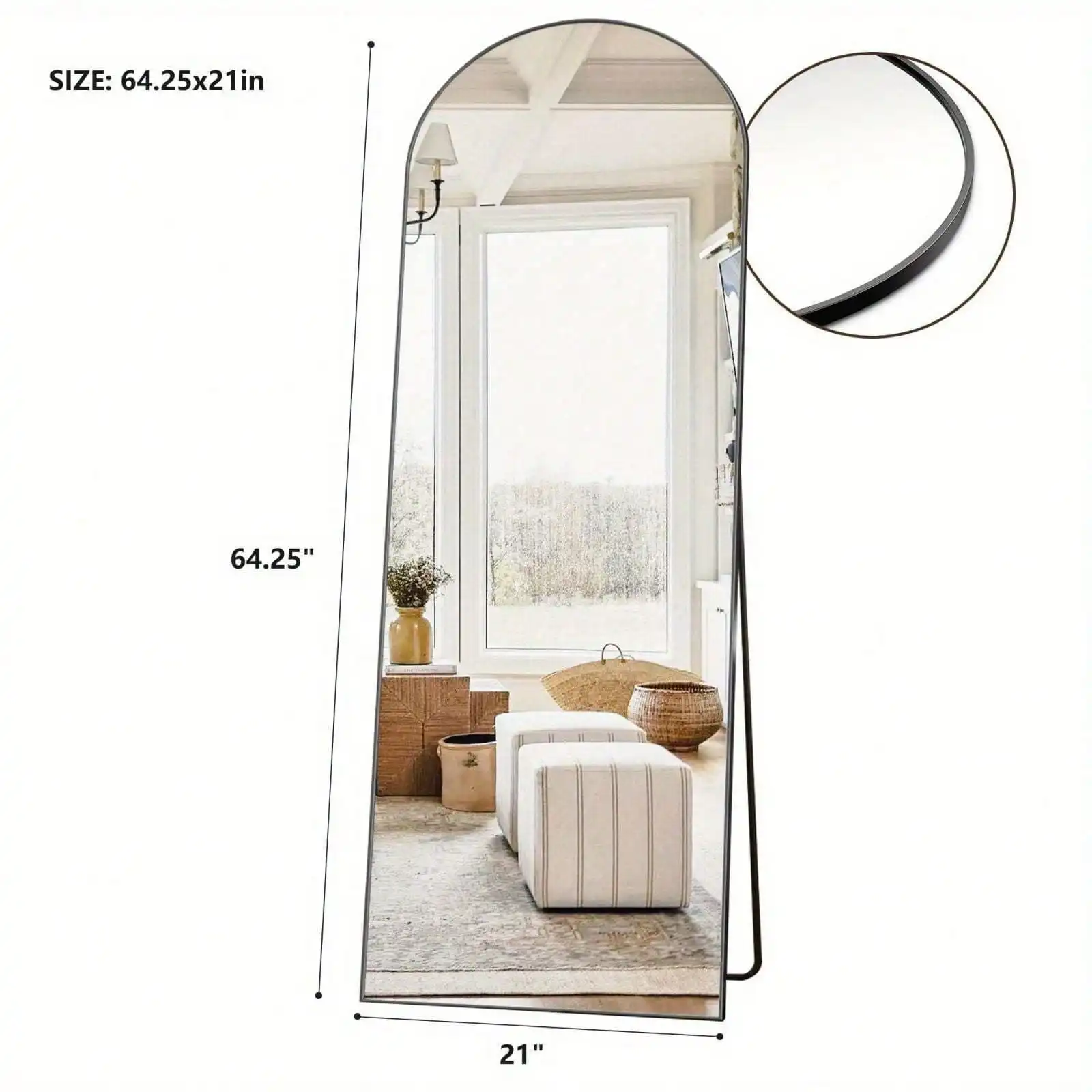 Espelho de chão de comprimento total com arco preto de 64,25" x 21"