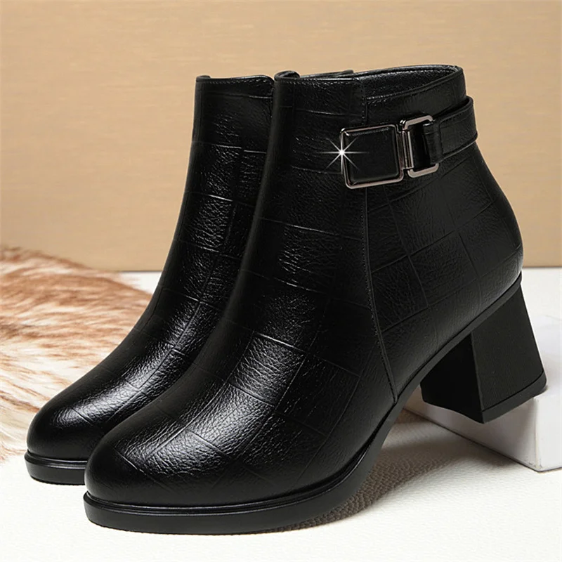 

Chunky Pointy-toed Ankle Boots Women Winter Warm Soft Leather Side Zipper Design Elegant High Heel Fashion Snow Boots