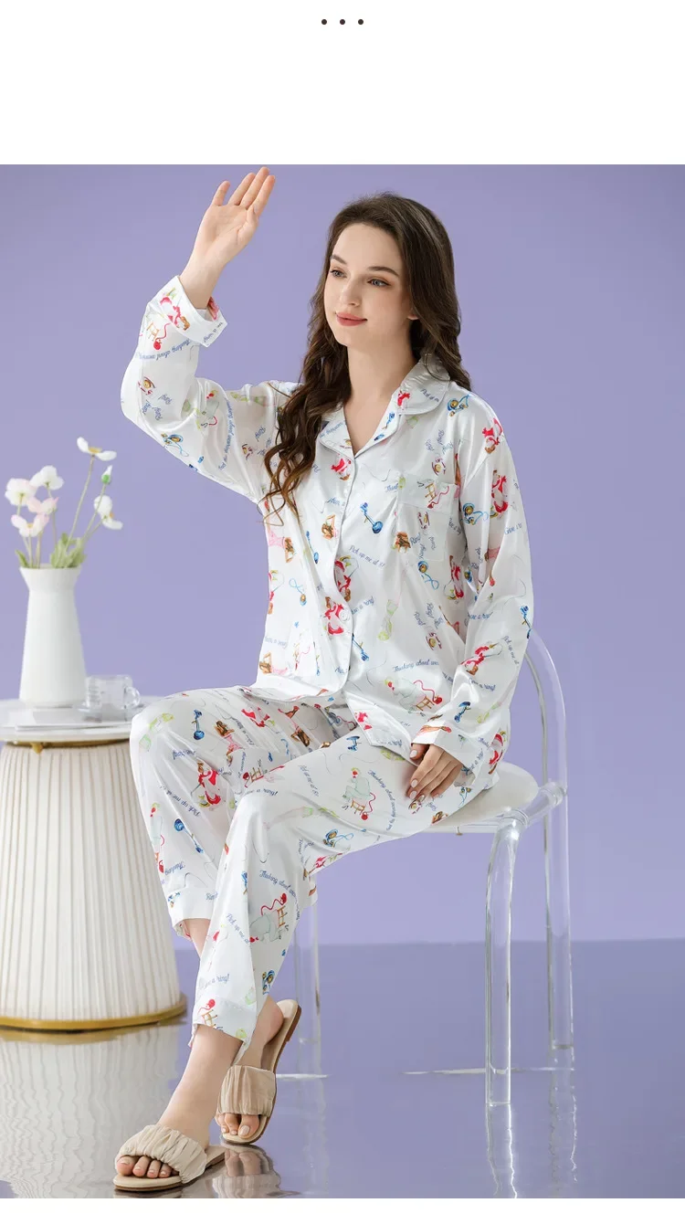 Damen Pyjama Sets Frühling Herbst 2 Stück Taschen druck Pyjama Faux Seide Satin Nachtwäsche Langarm Pijama Mujer Pyjs Homewear