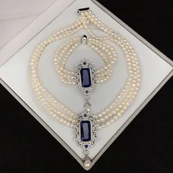 6-7mm Luxury Jewelry Natural Seawater Pearl Necklace Bracelet Earrings Set Party Blue Cubic Zircon Free Shipping