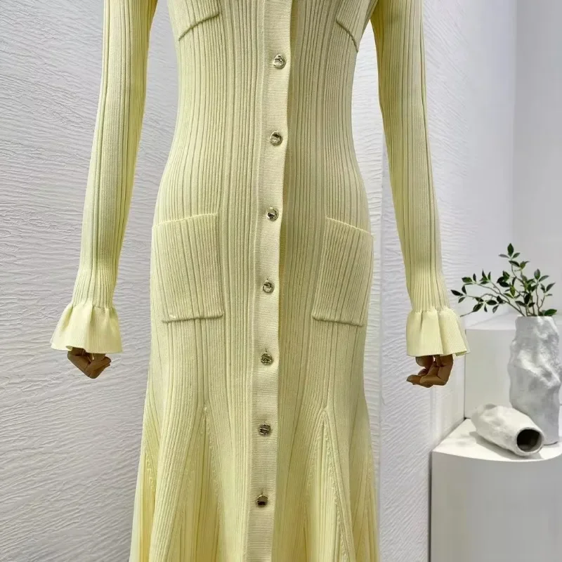 Women's Long Sleeve Midi Mermaid Dress Slim Fit Knitted Casual Sweet Office Lady Yellow Spring Summer New Top Quality 2024