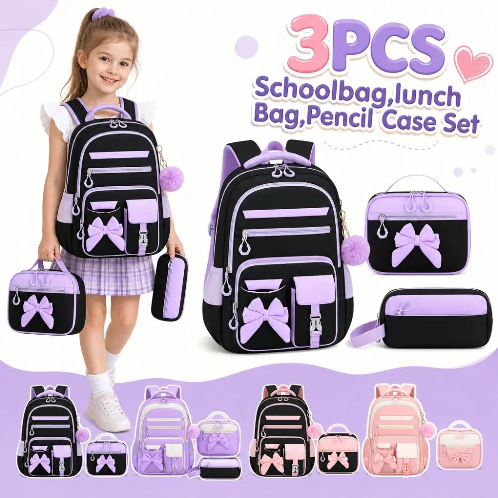 3PCS Cartoon Backpack,lunch Bag,Pencil Case Set Oxford Cloth Waterproof Bow-knot Schoolbag Set Large Capacity Lightweight