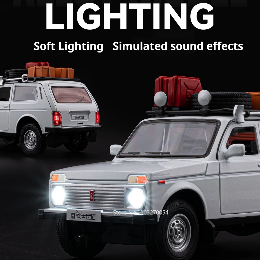 1:24 Lada Niva ‌   2106 Modello pressofuso in lega Giocattoli Porte per auto Aperti Suono Luce Tirare indietro Ornamenti Collezione di modelli Regalo di Natale
