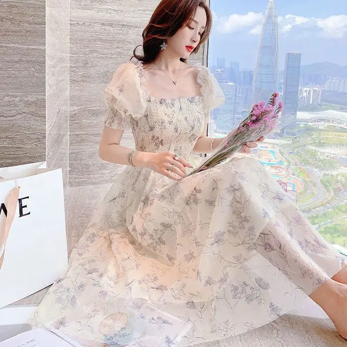 Summer 2026 New Ink Painting Bubble Sleeve Slimming Waist Ladylike Floral Chiffon Dress Three-quarter Sleeve A-line Skirt