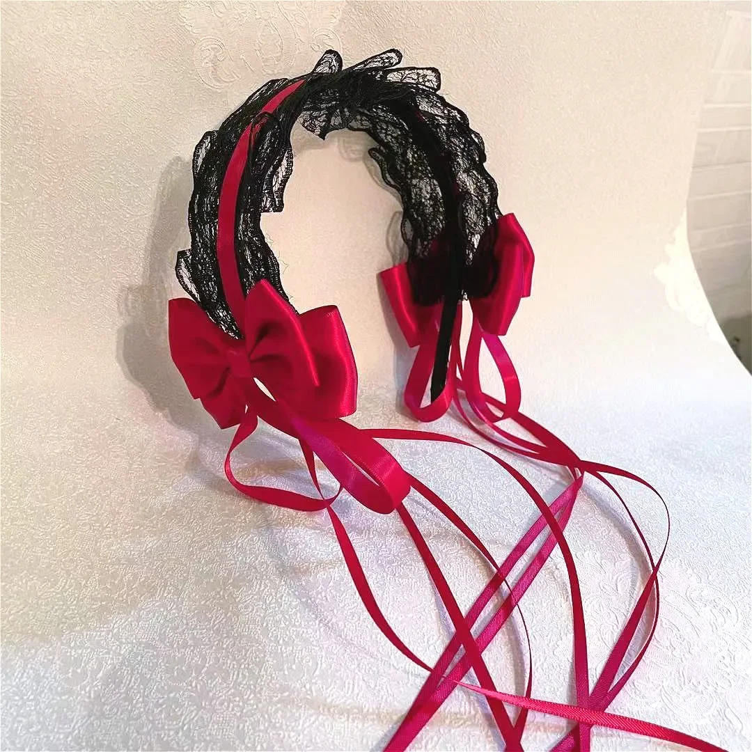 Diadema de lazo de encaje con orejas de gato Lolita Kawaii, banda para el cabello KC, tocado de sirvienta de Anime, accesorios para el cabello de Anime, envoltura para la cabeza