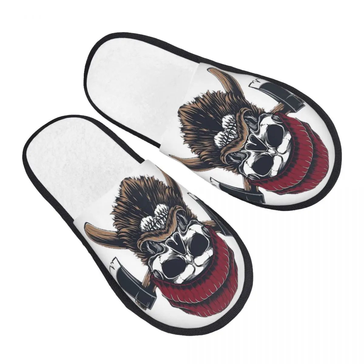 Zapatillas de interior peludas con estampado 3D para hombres y mujeres, zapatillas antideslizantes especiales de moda de calavera vikinga