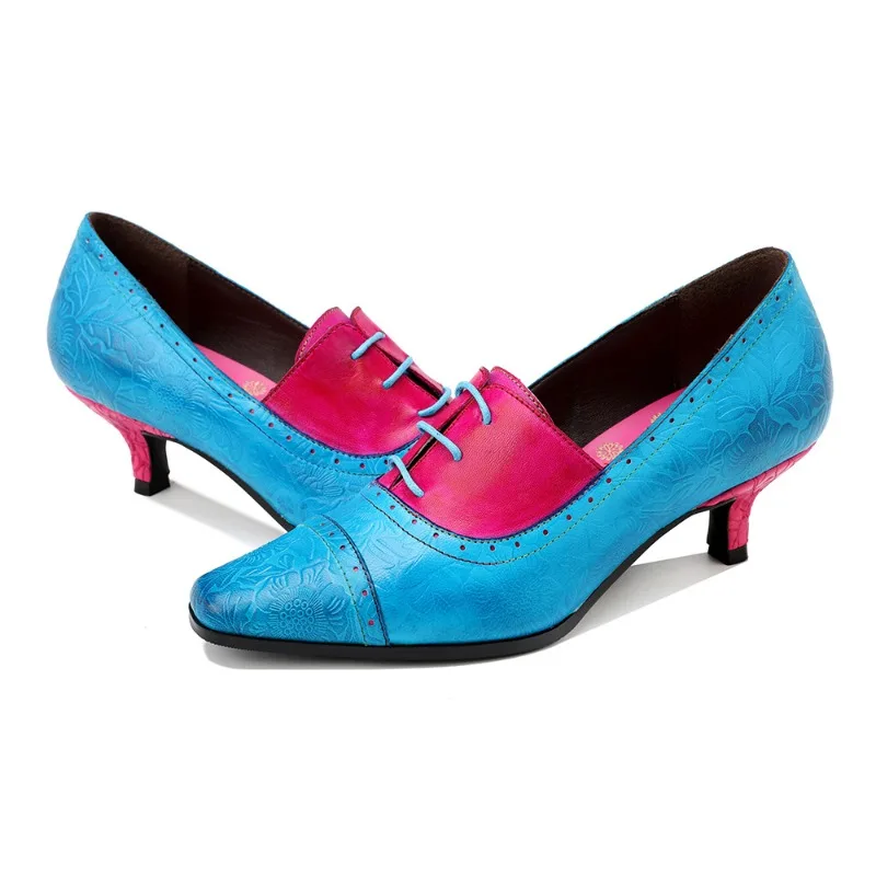 

2025 New Women Mixed Colors Genuine Leather Lace Up Shoes Fashion Shoes Thin Heels 5CM Party Shoes Female Pointed Toe Heels