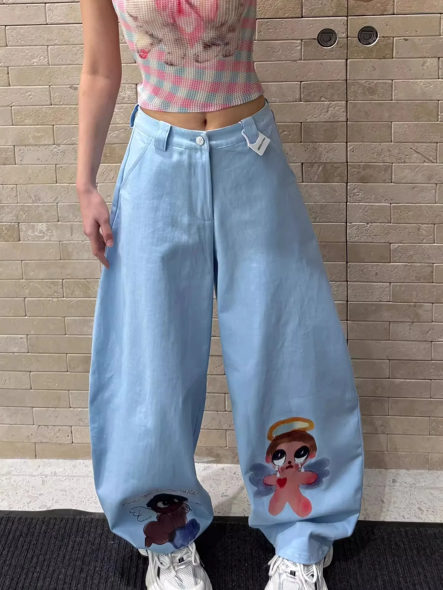 

Свободные прямые джинсы синего цвета с мультяшным принтом, женские, в стиле Y2K, стройнящие, длинные брюки, повседневные джинсы с низкой посадкой