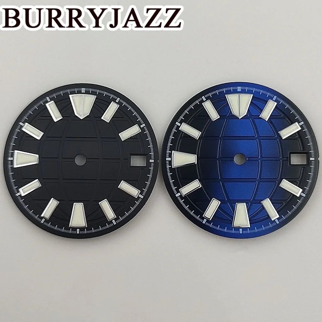 BURRYJAZZ 28.5mm No Logo NH35 Watch Dials Black Blue Dial Green Luminous Fit 3 O'clock 3.8 O'clock Case Crown