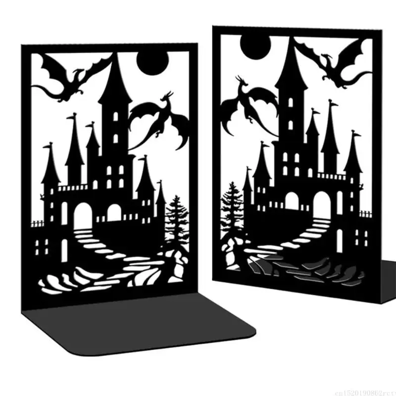 D5BB Dragon Patterned Metal Bookends Decorative Study Table Shelf For Organizing Novels Documents Office Supplies