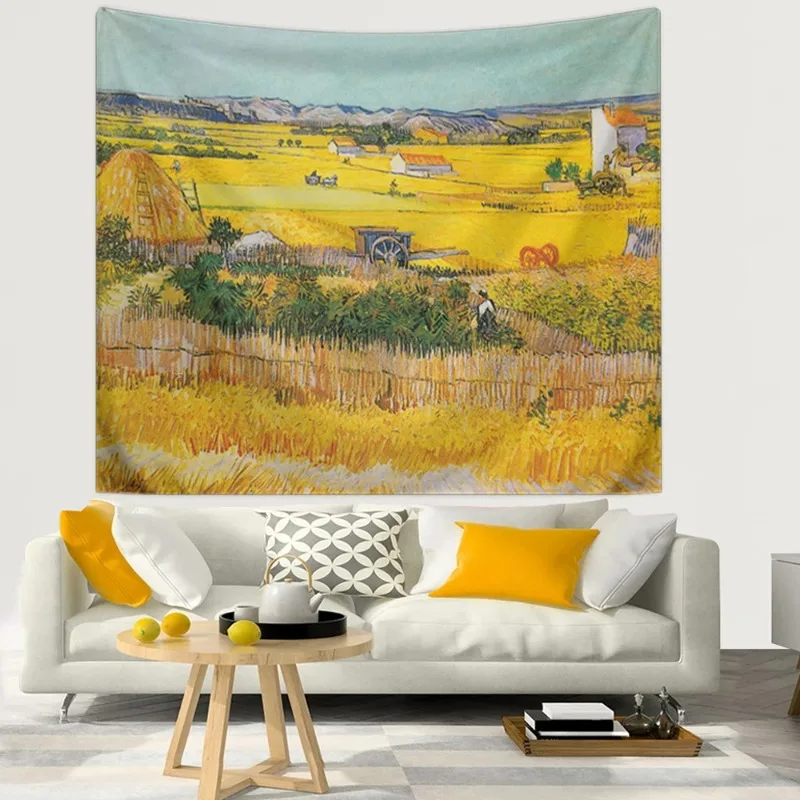 

1pc Van Gogh's vintage oil painting "Harvest" tapestry, decorated with retro pastoral art, hung on the walls of rooms 180X320CM