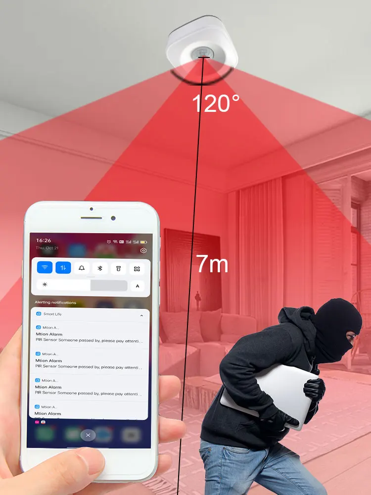 Sensor de movimiento inteligente con WIFI, dispositivo de detección de movimiento humano, pulsador de alarma, compatible con Google, 120 grados de