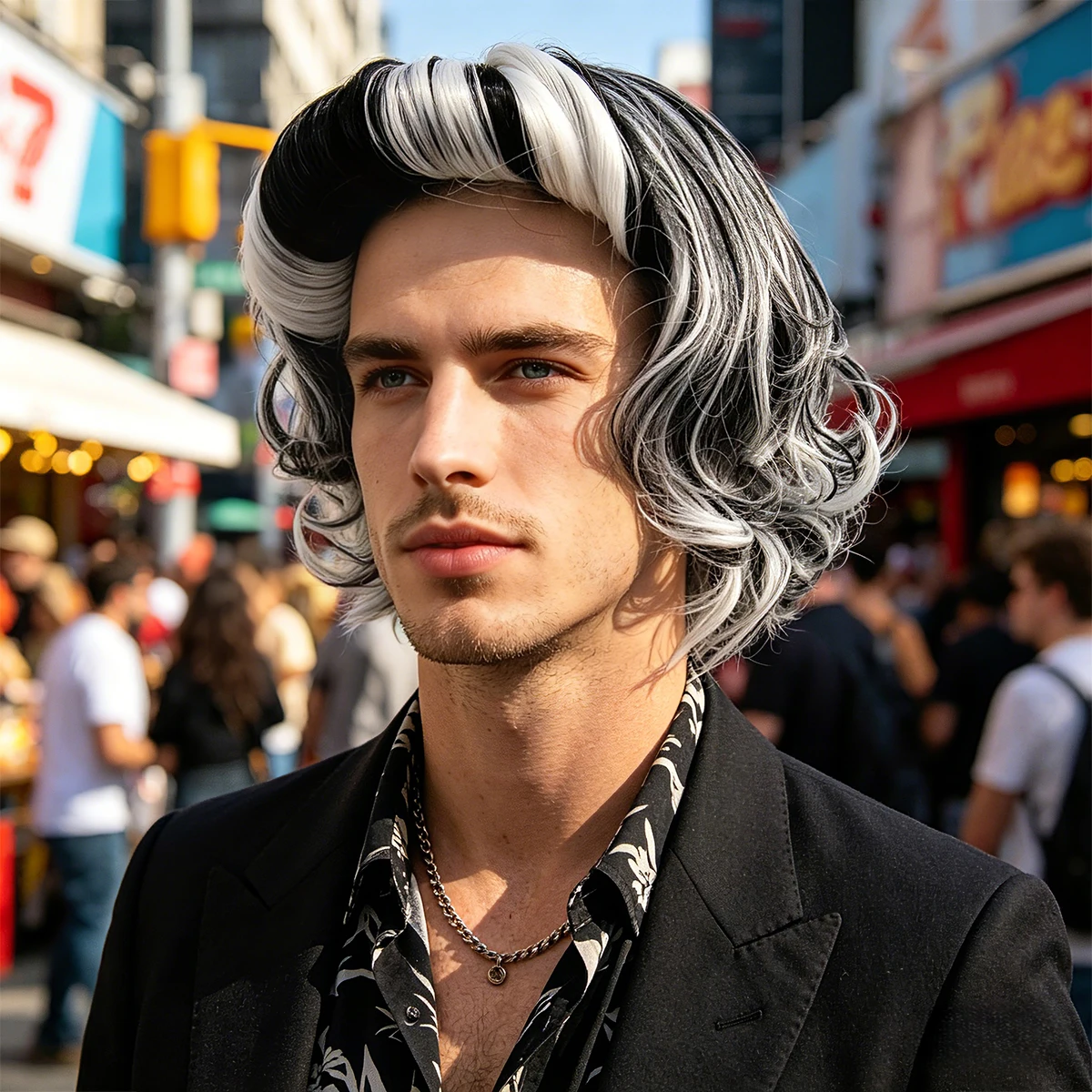 

Black and White Wavy Synthetic Wig, Retro Styled Hair for Villain Cosplay, Halloween and Costume Parties