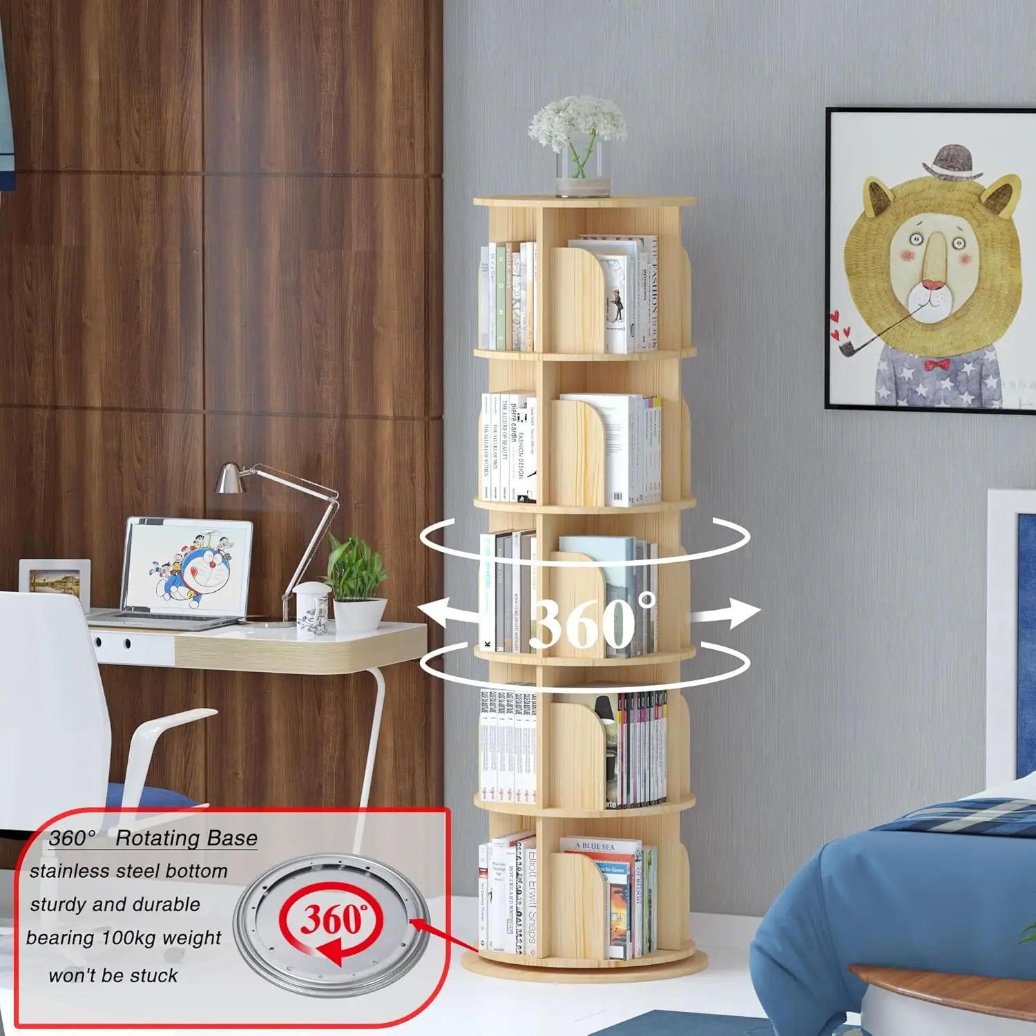 

modern design 360 degree rotating bookshelf children's home furniture with wooden storage shelf bookcase