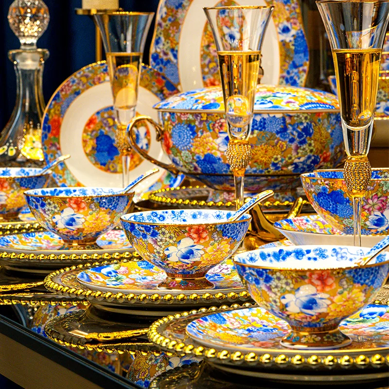 

Ceramic Court Style Wanhua Enamel Color Gifts Tableware Wholesale Bone China Bowl Chopsticks Combination Set Gifts