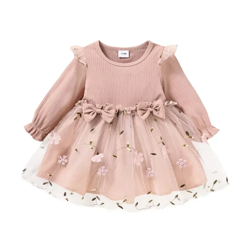 Baby Girl Pink Ribbed Long-sleeve Bowknot Floral Embroidered Mesh Dress Perfect for Outings and Daily Wear