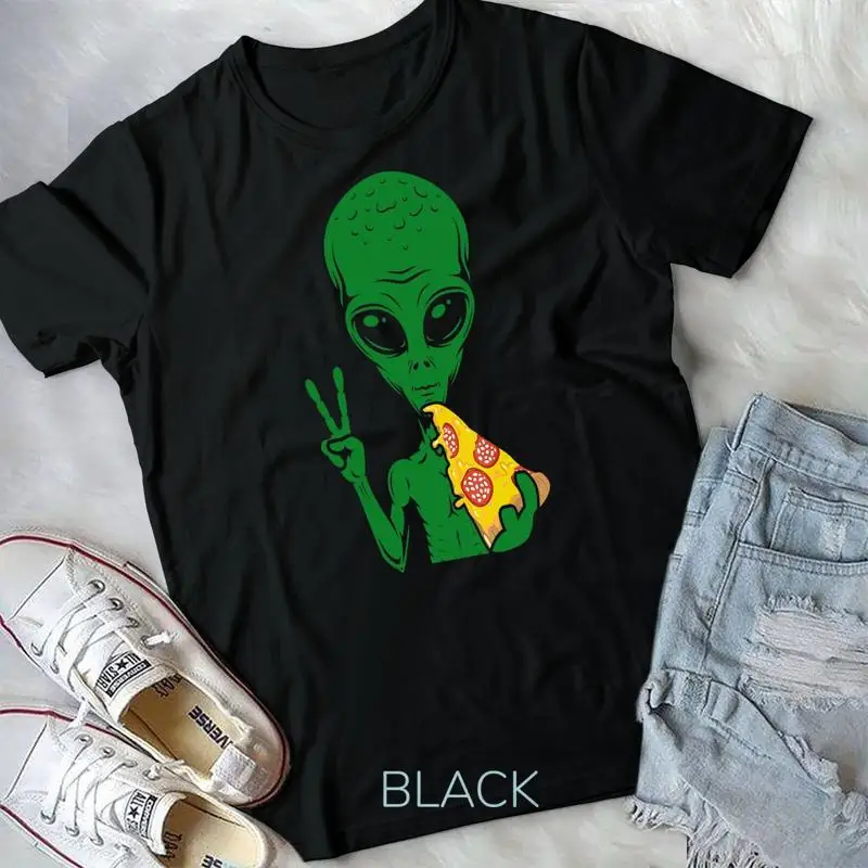 

Funny Alien Head Eating Pizza UFO Extraterrestrial Unisex T shirt