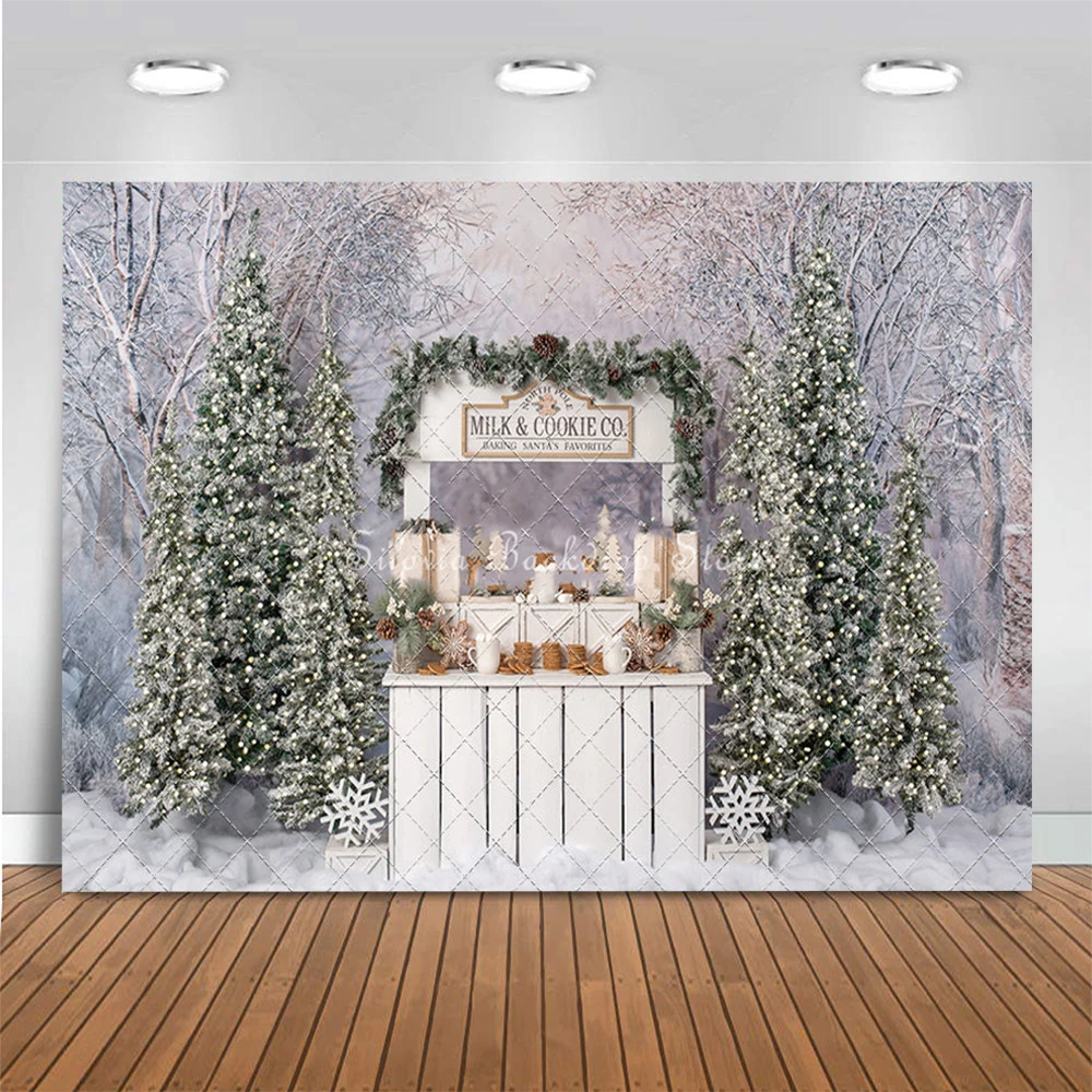 Creamy Sugar Candy Cocoa Cart Photo Background Christmas Winter Snow Photography Backdrop Xmas Tree Gift Kids Photo Studio Props