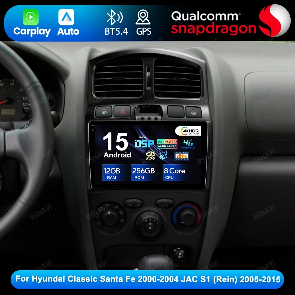 

Android 15 For Hyundai Classic Santa Fe 2000-2004 JAC S1 (Rein) 2005-2015 Head Unit Qualcomm Stereo GPS Wireless Carplay Auto BT