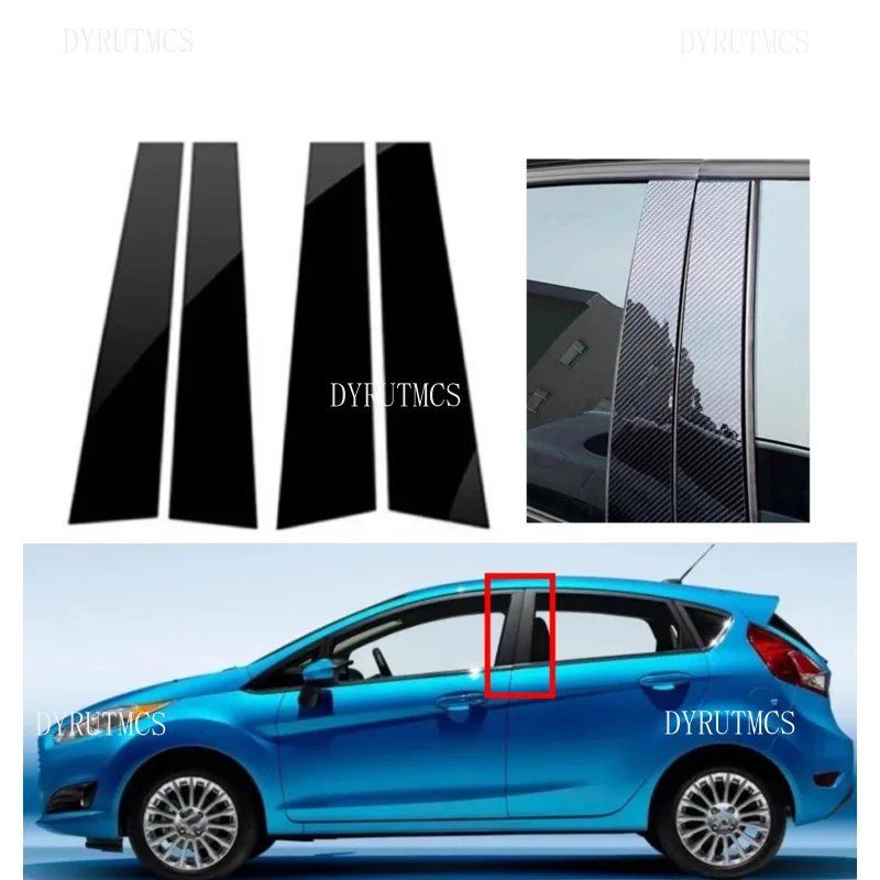 

4pcs Glossy Black Carbon Window Sticker Pillar Posts Fit For Ford Fiesta 2009 2010 2011 2012-2015 Door Cover Decoration Trim