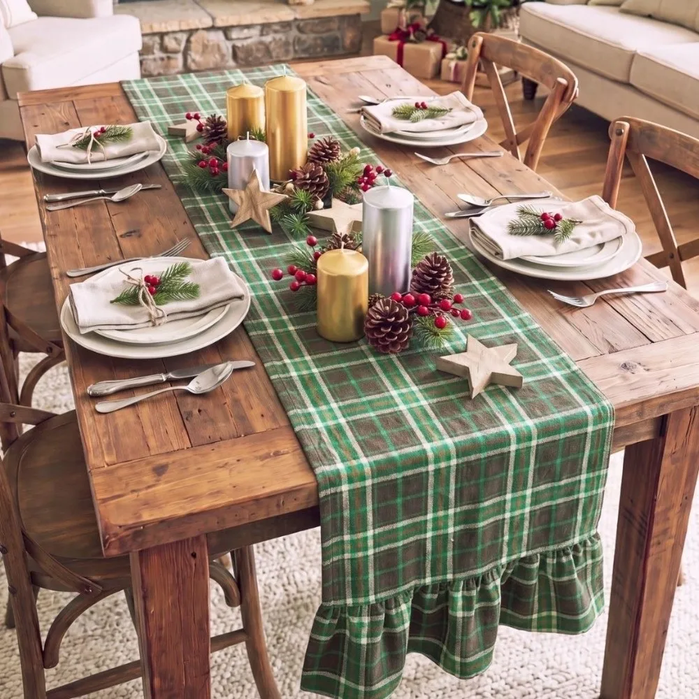 Double Ended Lotus Leaf Edge Christmas Table Runner Rustic Style Washable Ruffle Edge Table Flag Vintage Checkered