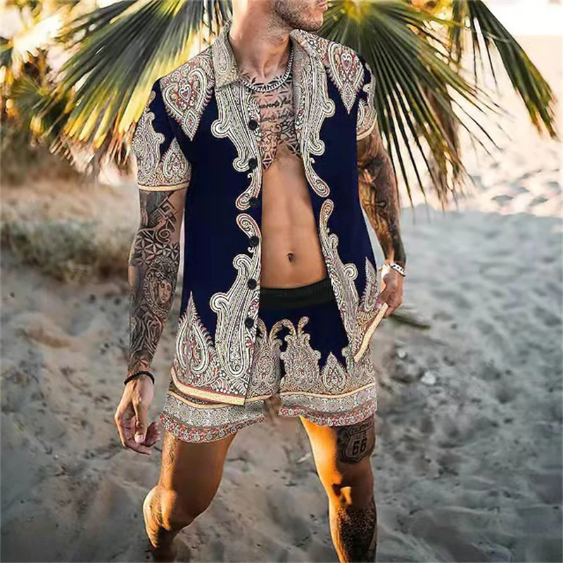 New Fashion Hawaiian Shirt Set Mens Printing Set Short Sleeve Summer Casual Floral Shirt Beach Two Piece Men Sets S-3XL