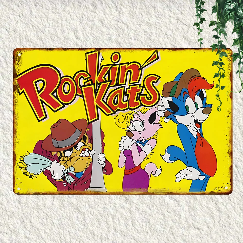 Rockin' Kats Vintage Aluminum Sign, Waterproof,Dust-Proof Metal Wall Art, Funny Retro Cartoon Character Decor, Aesthetic Iron Pa