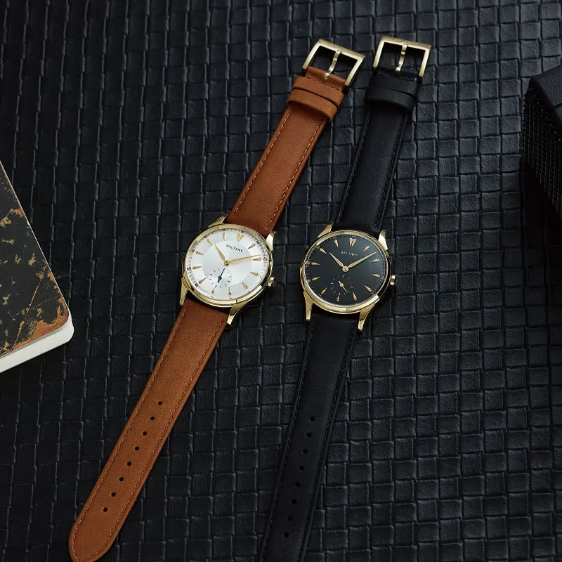 Baltany Vintage mechanische Armbanduhr, 38,5 mm, S4101, Retro, Gentleman, elegant, formell, kleine Sekunde, Saphirleder, Büro, Alltag, W – Detail 4