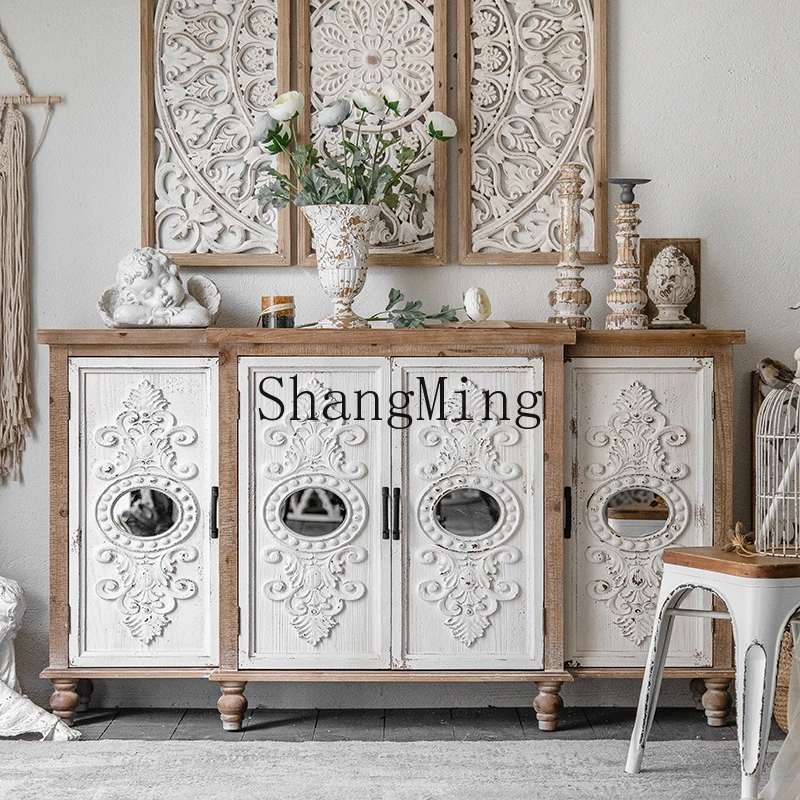 

HJ retro solid wood relief decorative entrance cabinet, living room furniture partition side cabinet