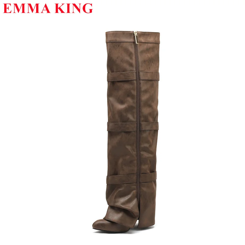 Black Brown Buckle Strap Over The Knee Boots Women Pointed Toe Chunky Thigh High Boots 2024 High Heels Shoes Ladies Pants Boots