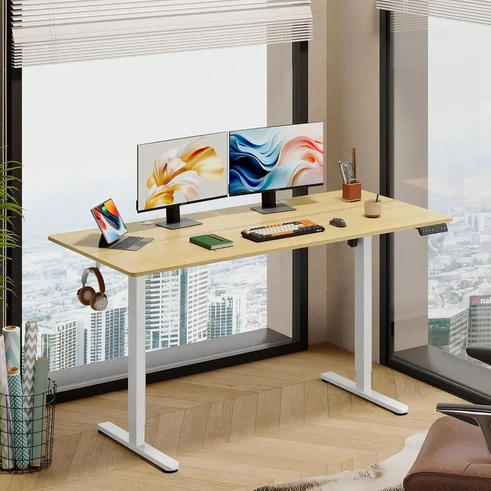 Maple Finish Electric Standing Desk, 63 x 28 Adjustable Height, Ergonomic Sit-Stand Desk with LED Touchscreen and 3 Memory Prese