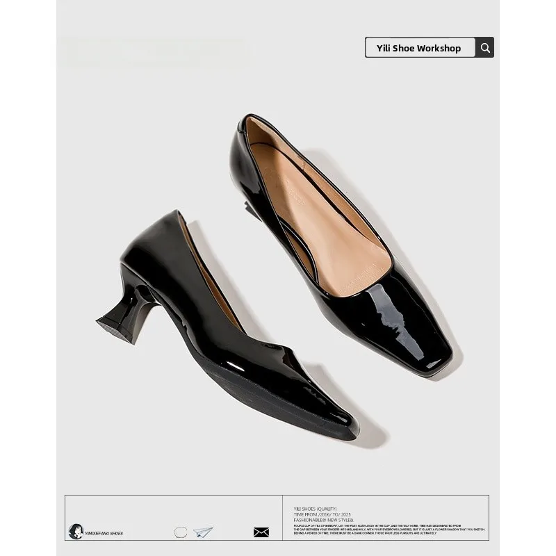 حذاء نسائي بكعب عالٍ رفيع من الجلد المطلي برأس مربع، بتصميم أنيق وعصري، مناسب للربيع والخريف، مثالي للعمل والمناسبات الرسمية #2