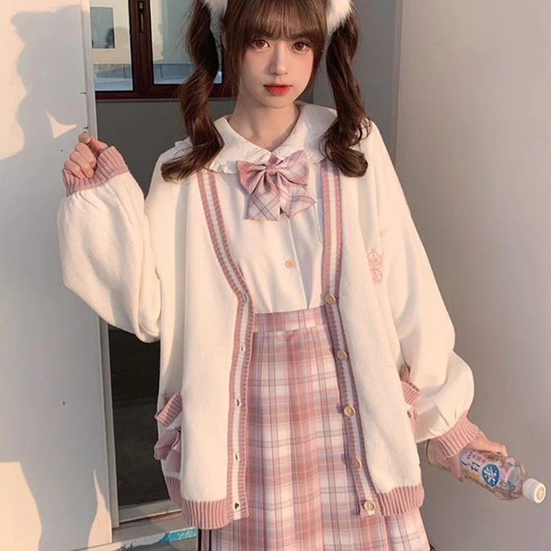 Knitted Cardigan Sweet Girl Sweater Lazy Academy Style Loose Sleeve Harajuku Girl JK Uniform Kawaii Bow Decoration Cardigan Coat