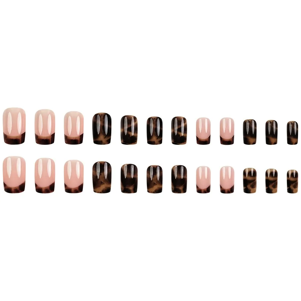 طويل عارية الفرنسية الصحافة على الأظافر 24 قطعة ليوبارد طباعة الأظافر كاذبة خمر نمط غطاء كامل الغراء على الأظافر الاصطناعية