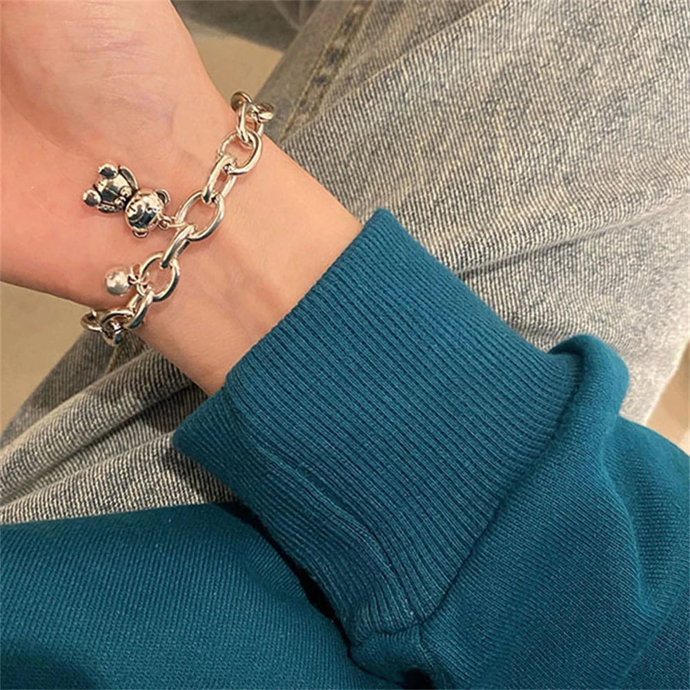 Silver Plated Light Luxury Ladies Bear Pendant Tag Charm Silver Color Bracelet Retro Thick Chain Hip Hop Bracelet Jewelry