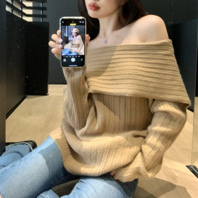 Pullovers Women Slash Neck Soft Long Sleeve Chic Sweet Spicy Girls Off-shoulder All-match Korean Fashion Knitwear Casual Autumn