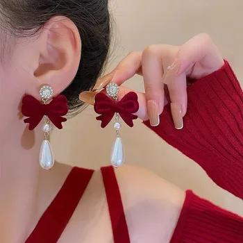 Orecchini con fiocco floccato rosso vino coreano con ago in argento 925 per gioielli da donna 2024 orecchini pendenti con perle Bowknot di tendenza