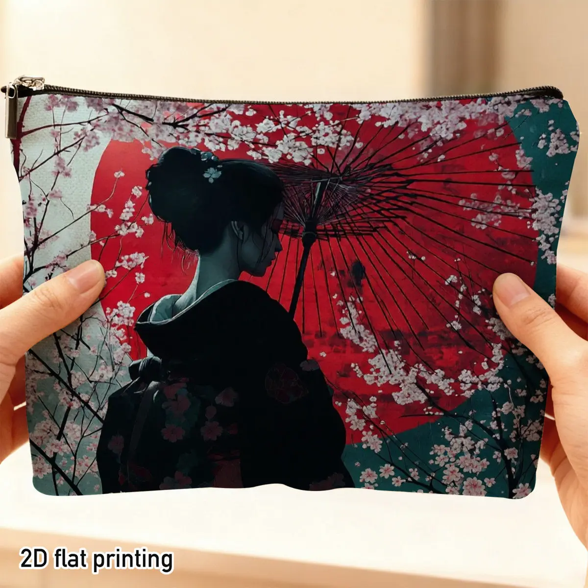 1pc Aesthetic Japanese Geisha Scene Durable Makeup Bag Cherry Blossoms Red Umbrella Print Weekend Storage Cultural Themed Gift